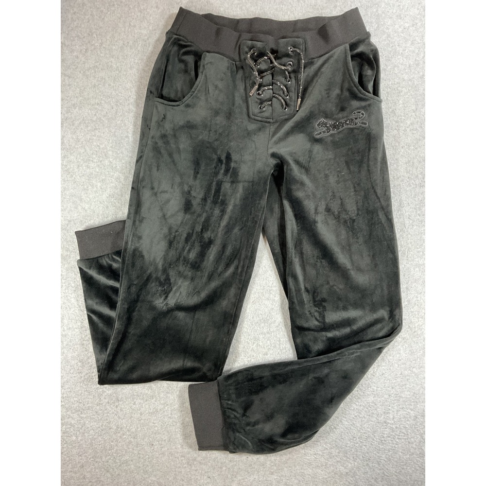 Le Tigre Womens Velour Joggers Black Lace Up Front Beaded Logo Pants XL 1576